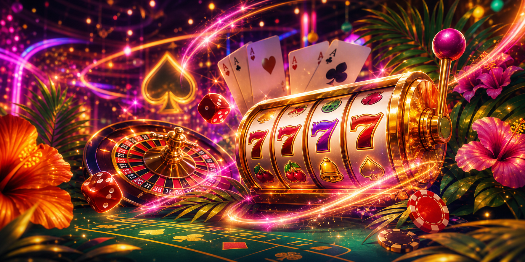 Ilustración vibrante con slot, ruleta, destellos y efectos luminosos de casino social