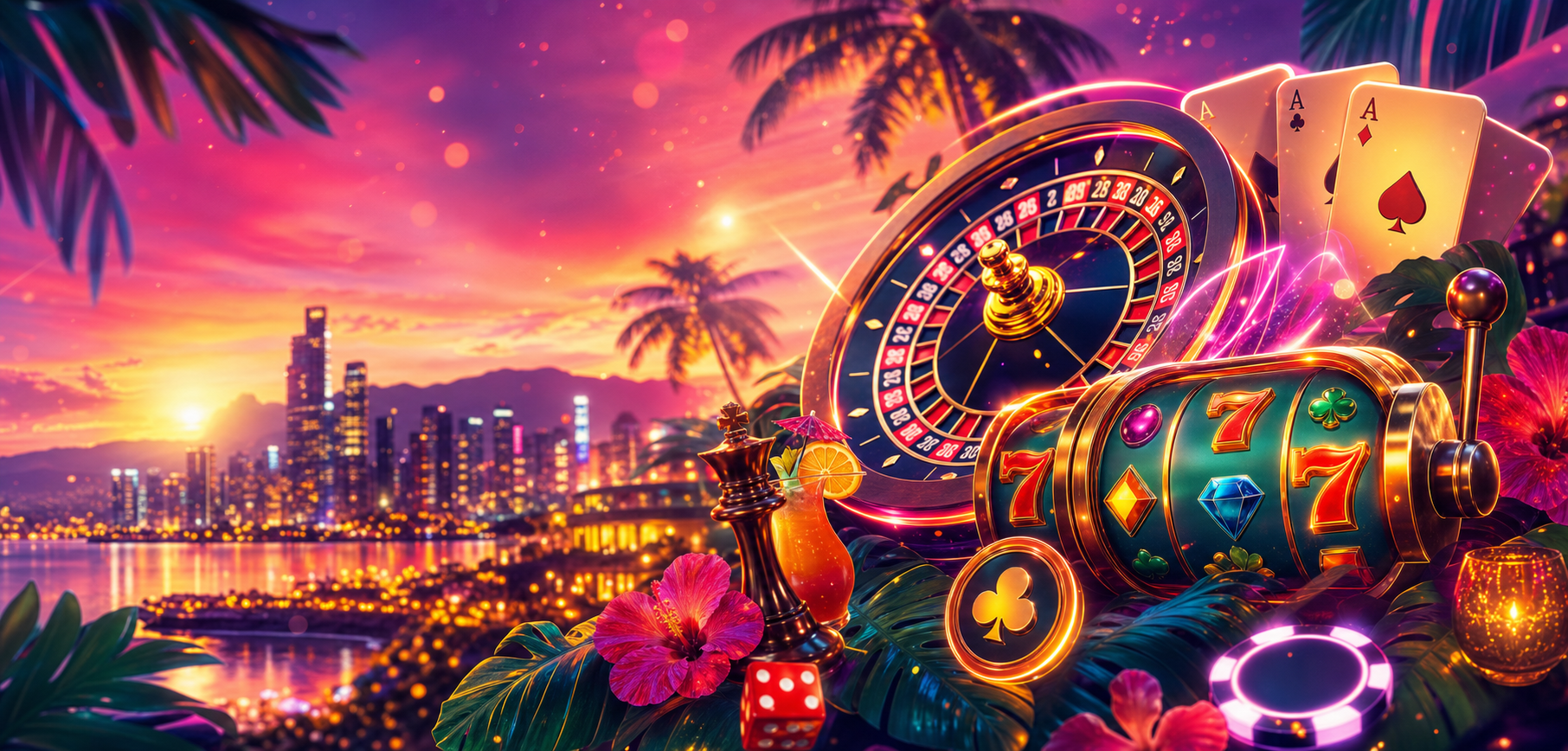 Ilustración brillante de social casino con skyline tropical, ruleta y slot luminoso