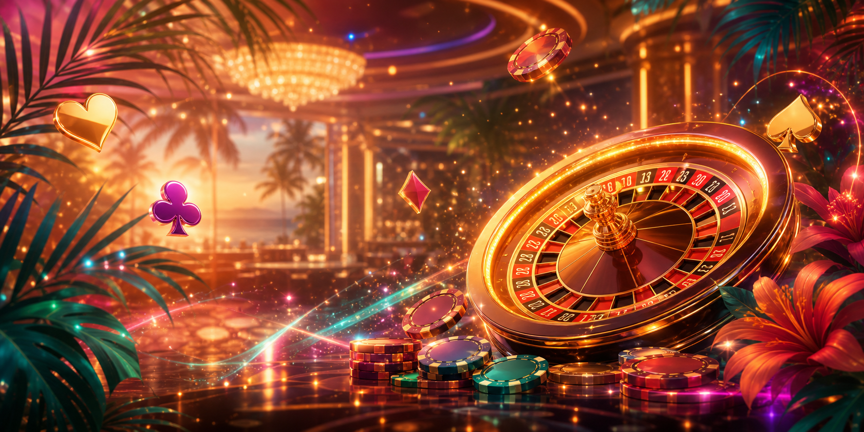 Ilustración brillante con ruleta tropical, fichas y destellos de casino social
