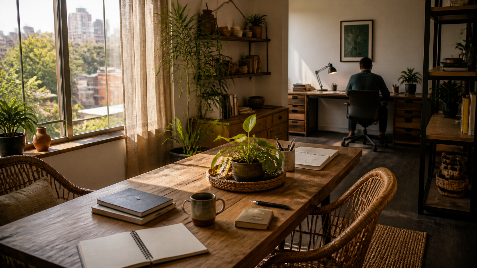 Pequeño espacio de trabajo colombiano con luz natural